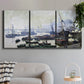 Three-panel canvas wall art featuring working harbor with docked boats, displayed in a modern living room above a sofa.