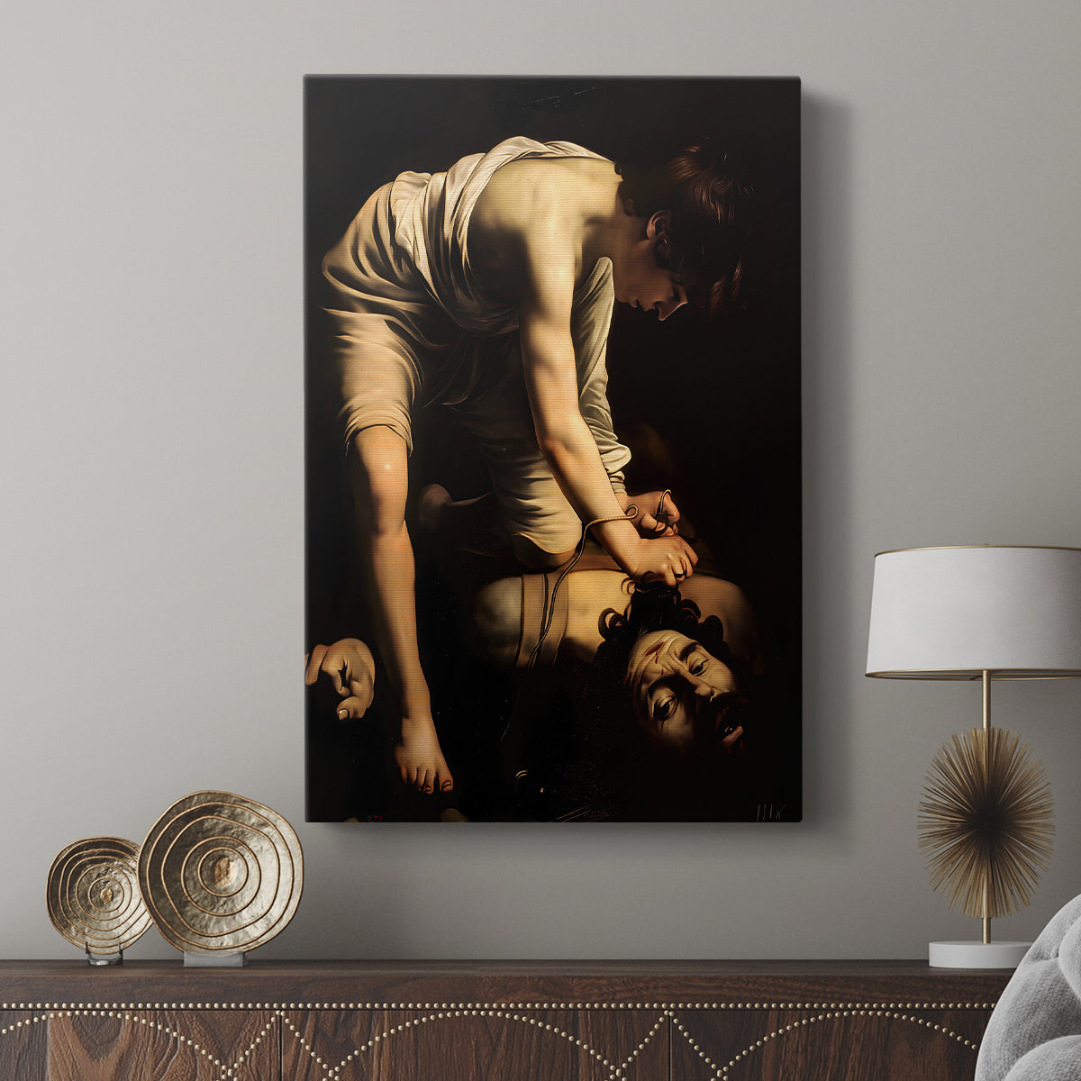 Canvas art print featuring a tense composition with emotional expression and deep contrast displayed in a modern interior space.