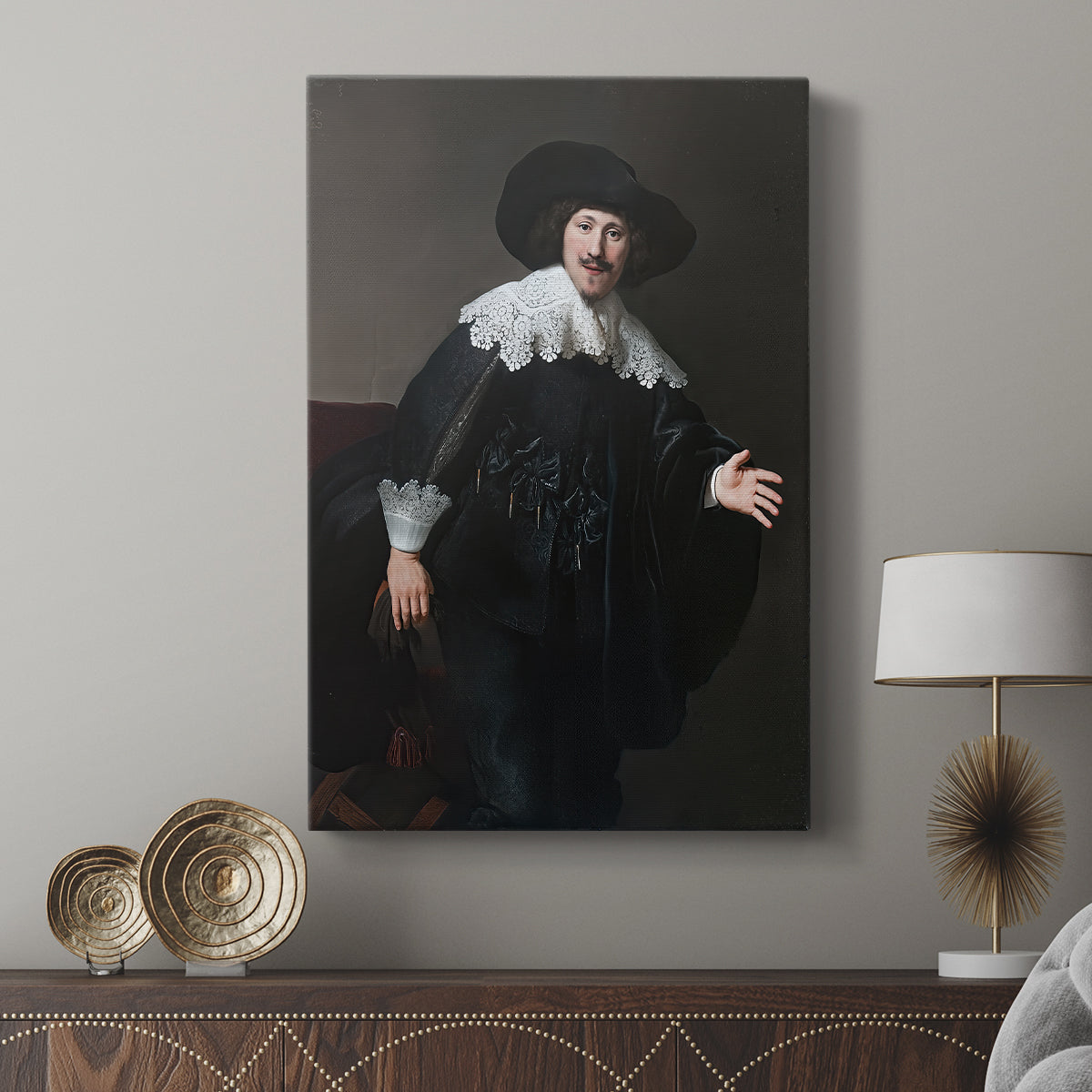 Canvas art print featuring a composed portrait with gentle contrast and depth displayed in a modern interior space.