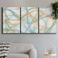 Three-panel canvas wall art featuring flowing abstract curves and wave patterns, displayed in a modern living room above a sofa.