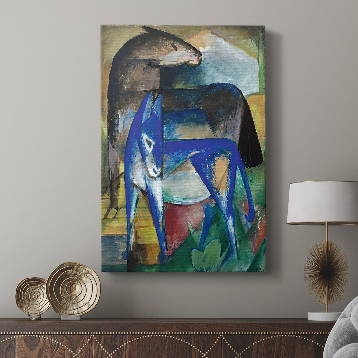Canvas art print featuring a vivid depiction of animals with geometric structure displayed in a modern interior space.