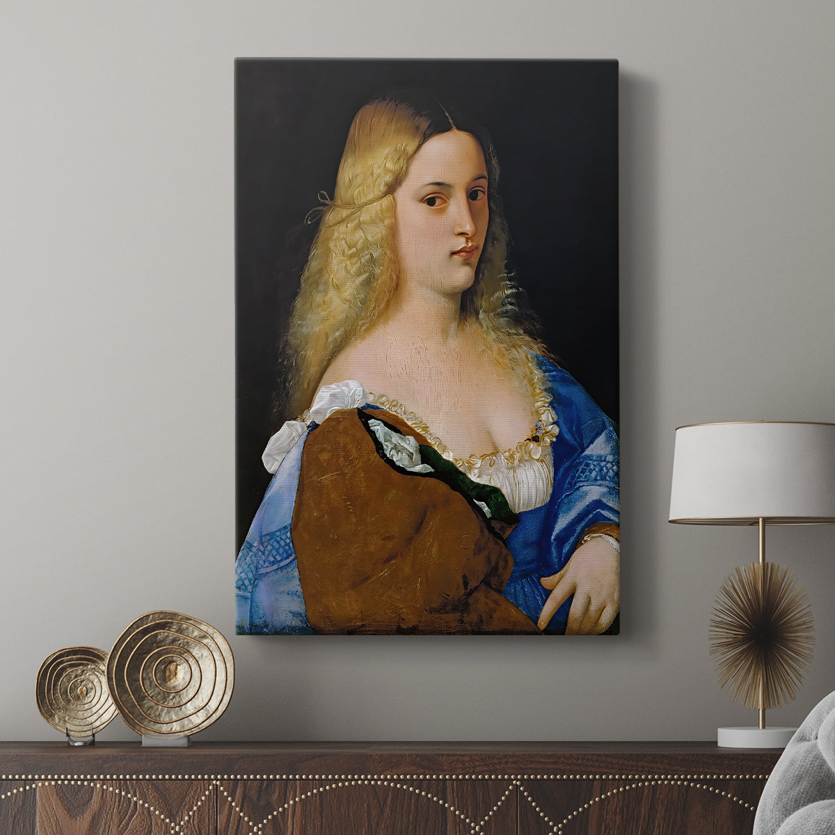 Canvas art print featuring a composed portrait with subtle detail and calm presence displayed in a modern interior space.