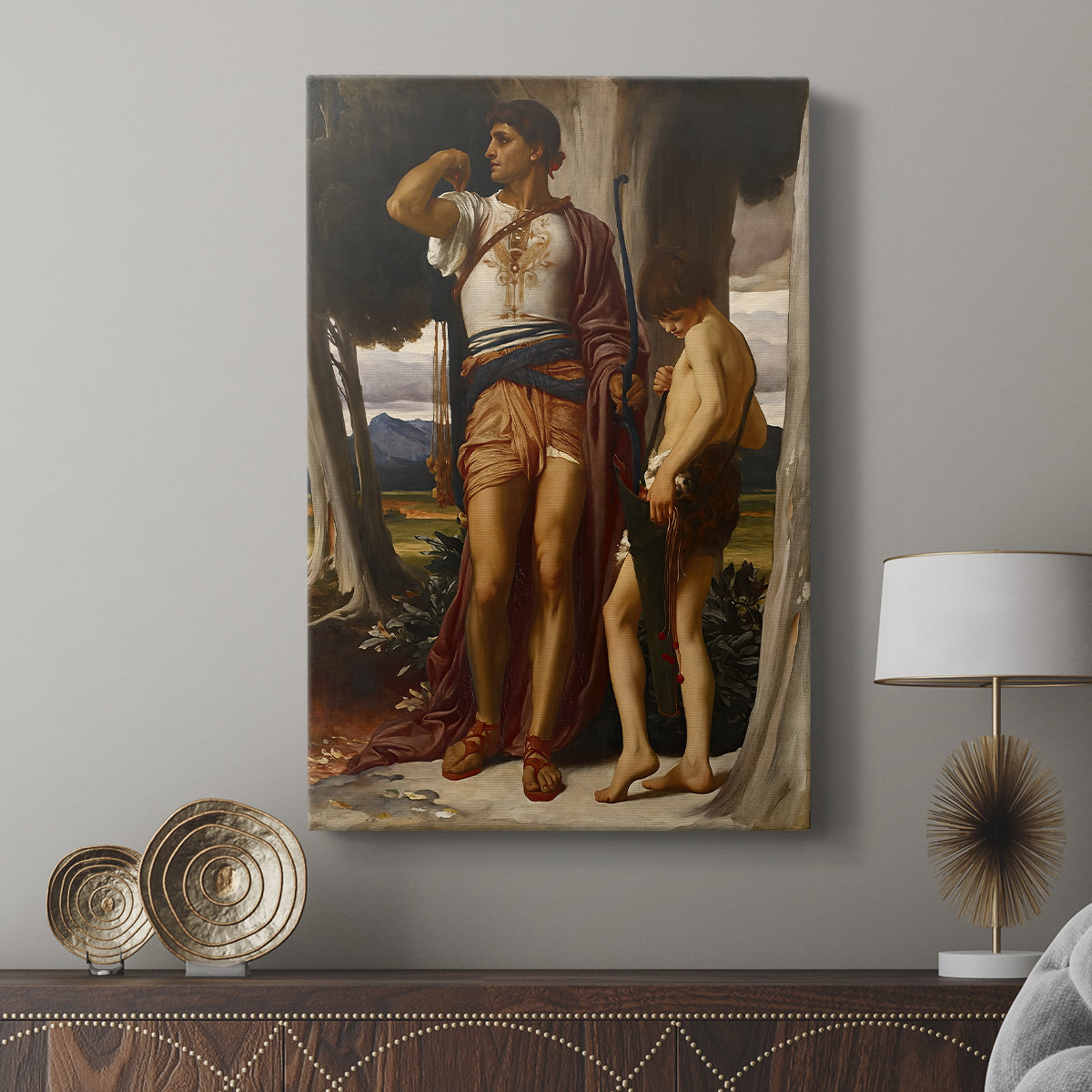 Canvas art print featuring a symbolic interaction with subtle gesture and detail displayed in a modern interior space.