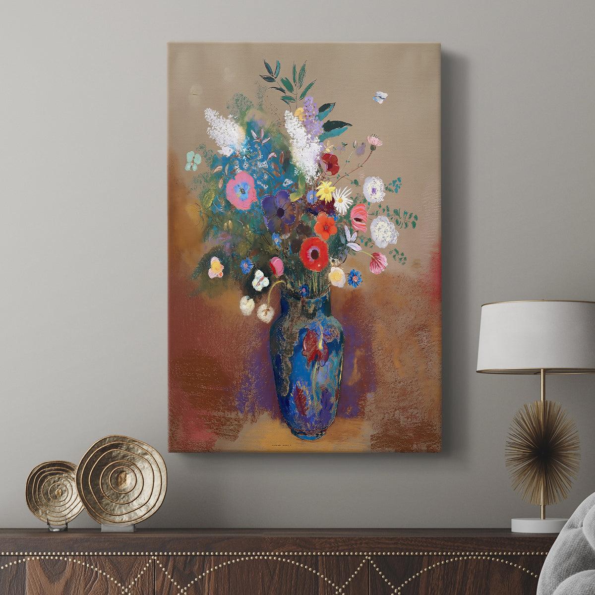 Canvas art print featuring a gentle arrangement with layered blooms and texture displayed in a modern interior space.