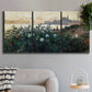 Three-panel canvas wall art featuring formal garden near museum grounds, displayed in a modern living room above a sofa.