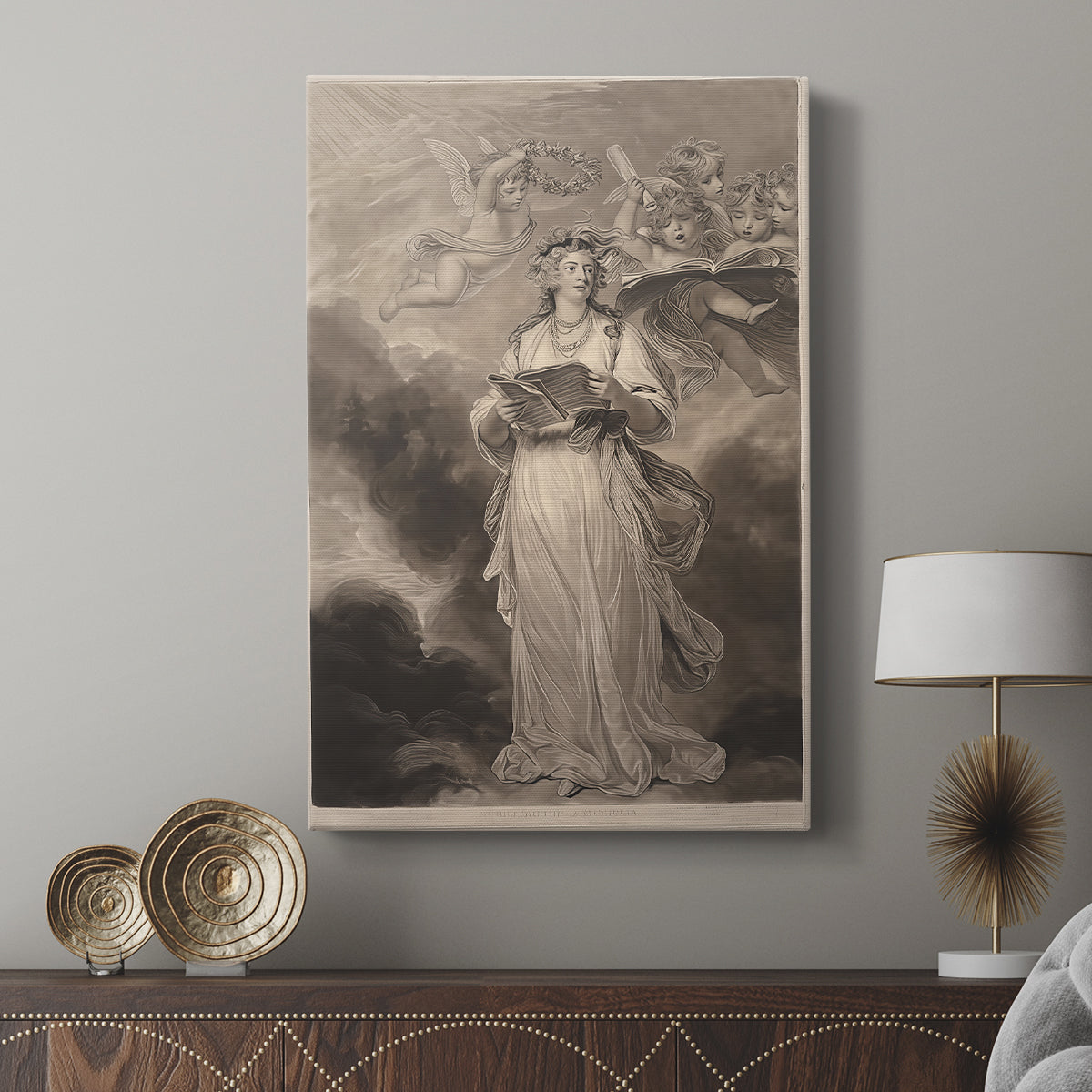 Canvas art print featuring a theatrical portrait with flowing garments and rich tones displayed in a modern interior space.