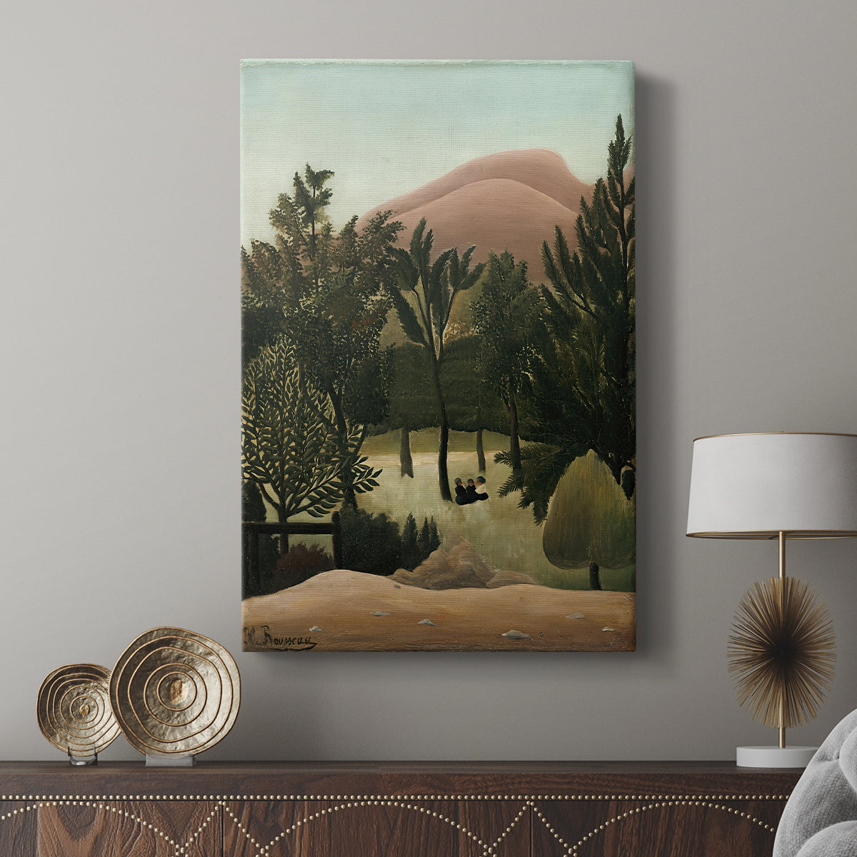 Canvas art print featuring a stylized countryside with flat perspective and greenery displayed in a modern interior space.