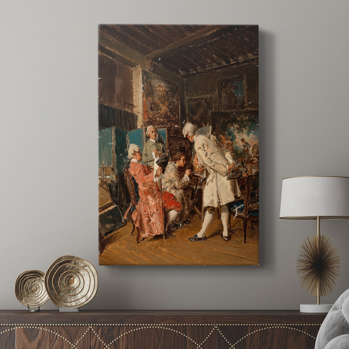 Canvas art print featuring a detailed interior with figures observing framed paintings displayed in a modern interior space.