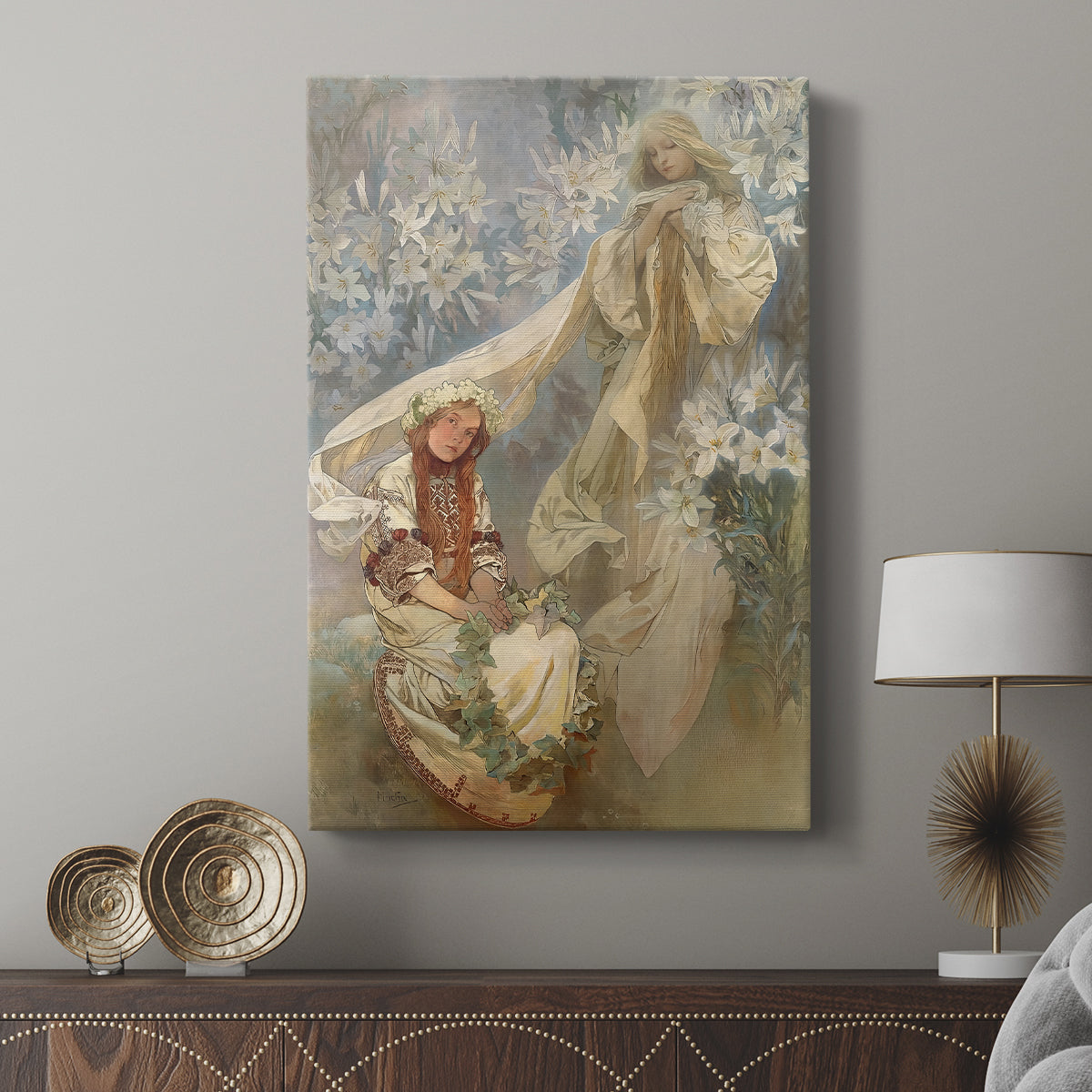 Canvas art print featuring a decorative portrait with spiritual symbolism and elegant lines displayed in a modern interior space.