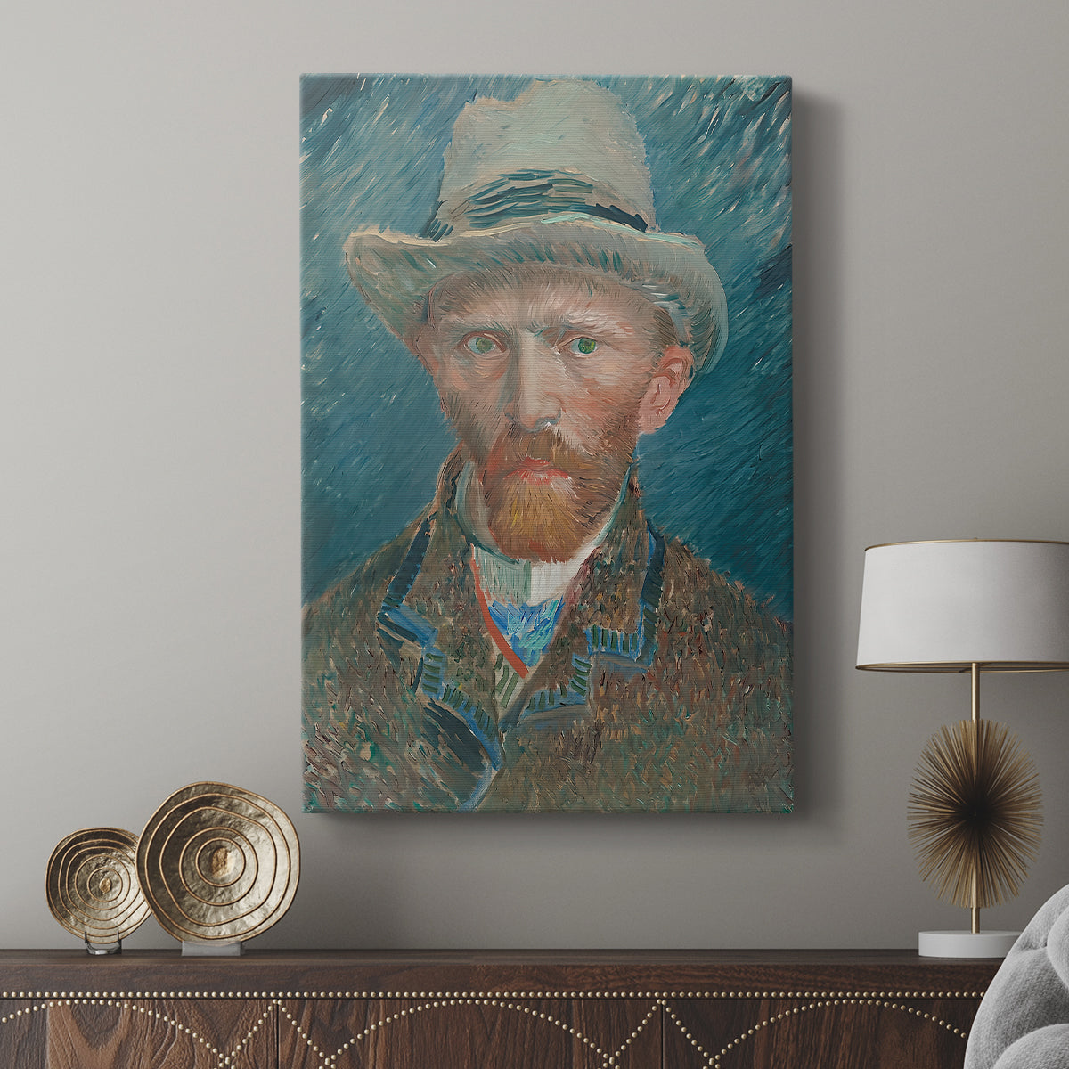 Canvas art print featuring a refined portrait with soft contrast and layered texture displayed in a modern interior space.