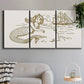 Three-panel canvas wall art featuring whimsical mermaid resting by sea, displayed in a modern living room above a sofa.