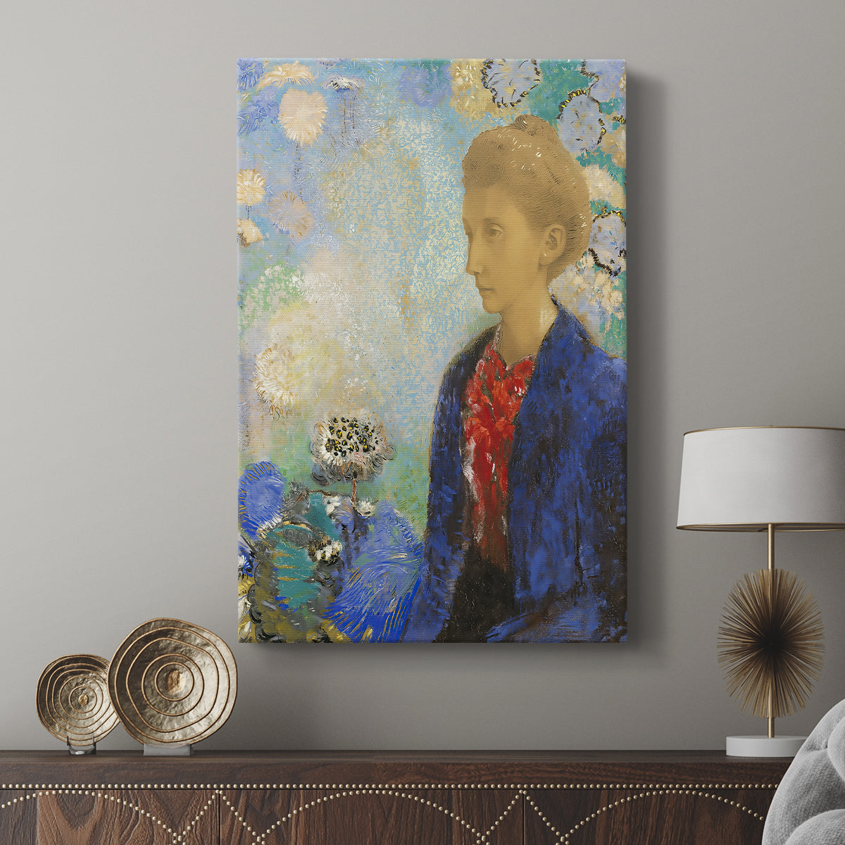 Canvas art print featuring a refined portrait with subtle expression and soft edges displayed in a modern interior space.