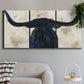 Three-panel canvas wall art featuring rustic animal portrait illustration, displayed in a modern living room above a sofa.