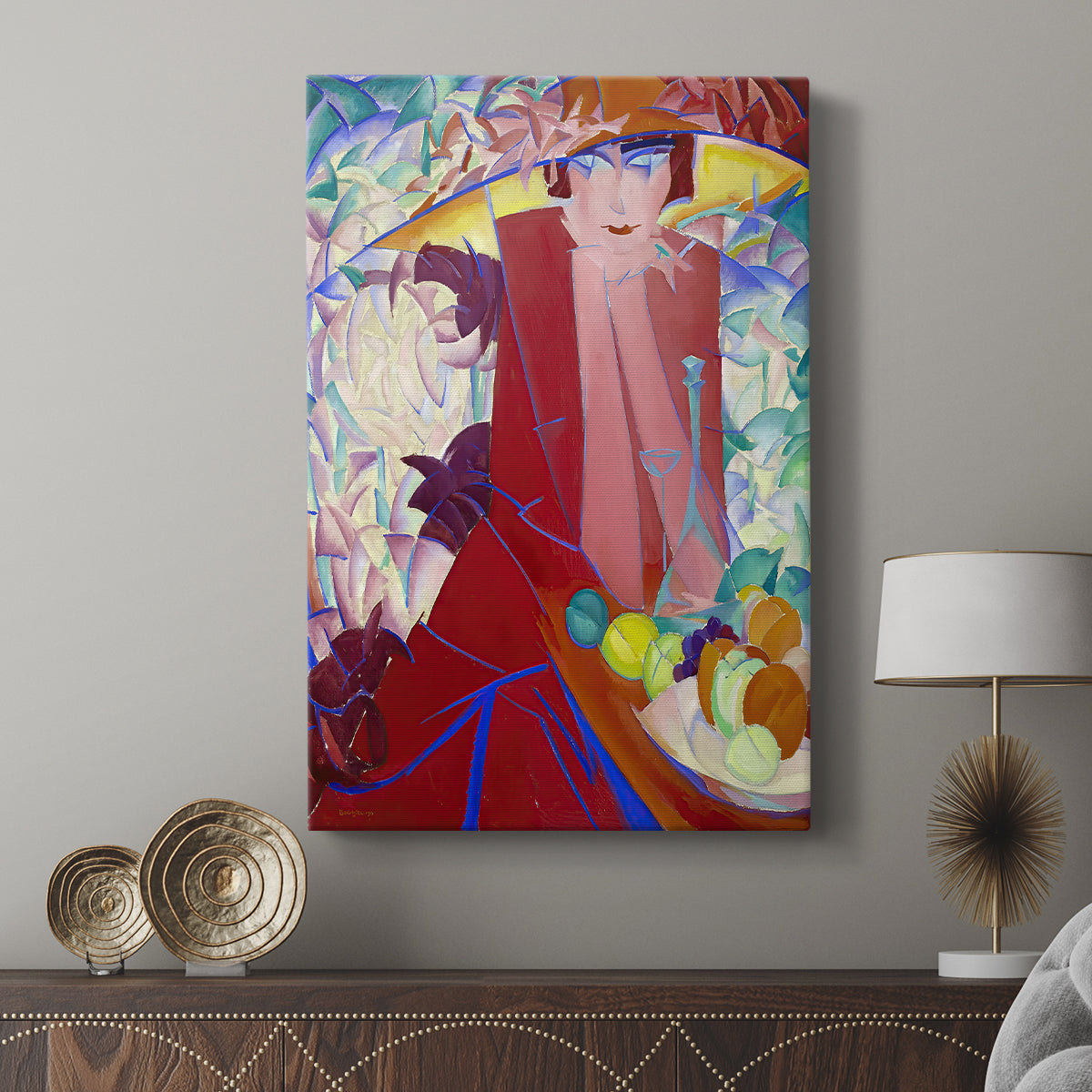 Canvas art print featuring a modern portrait with decorative patterns and vivid color displayed in a modern interior space.