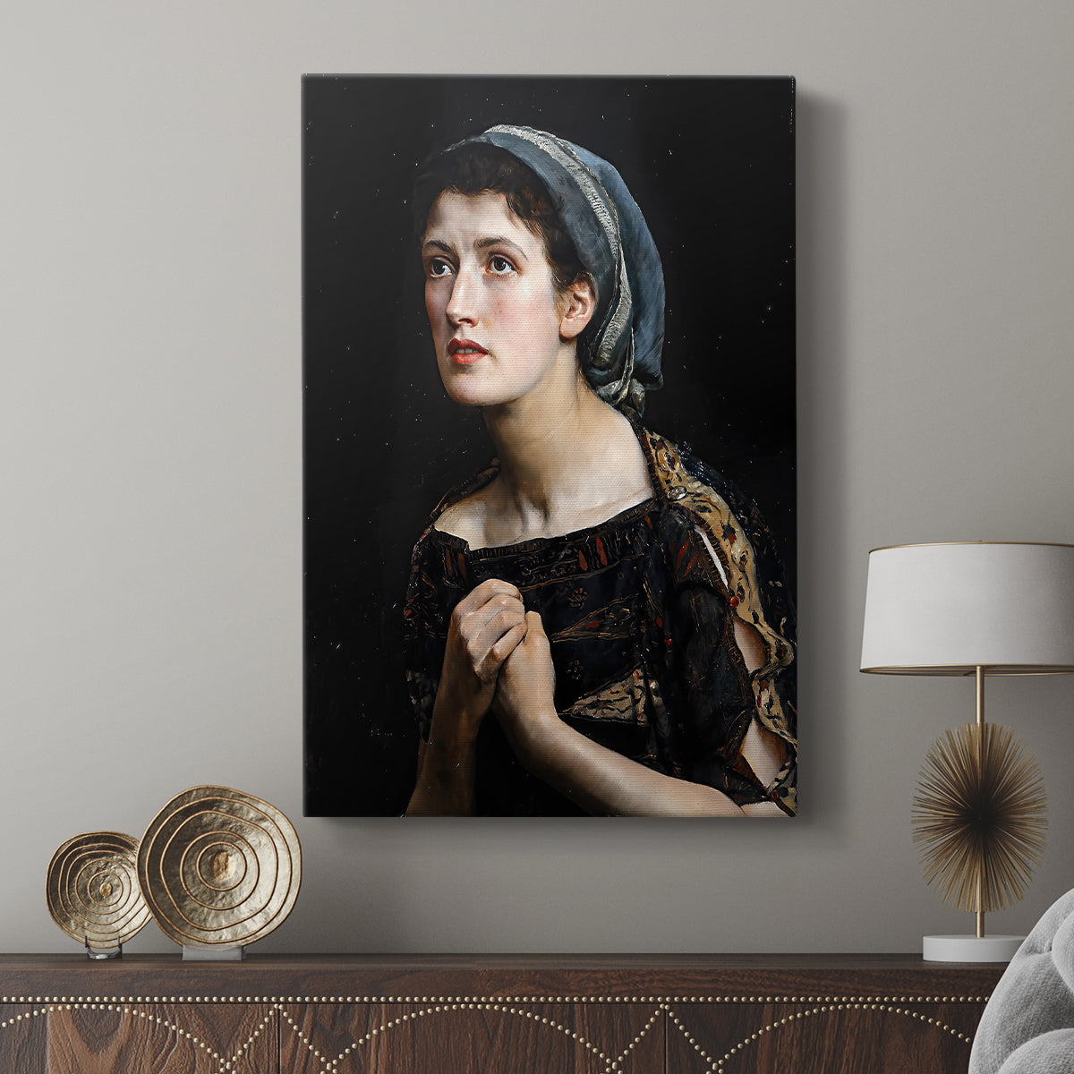 Canvas art print featuring a narrative portrait with rich tones and focused gaze displayed in a modern interior space.