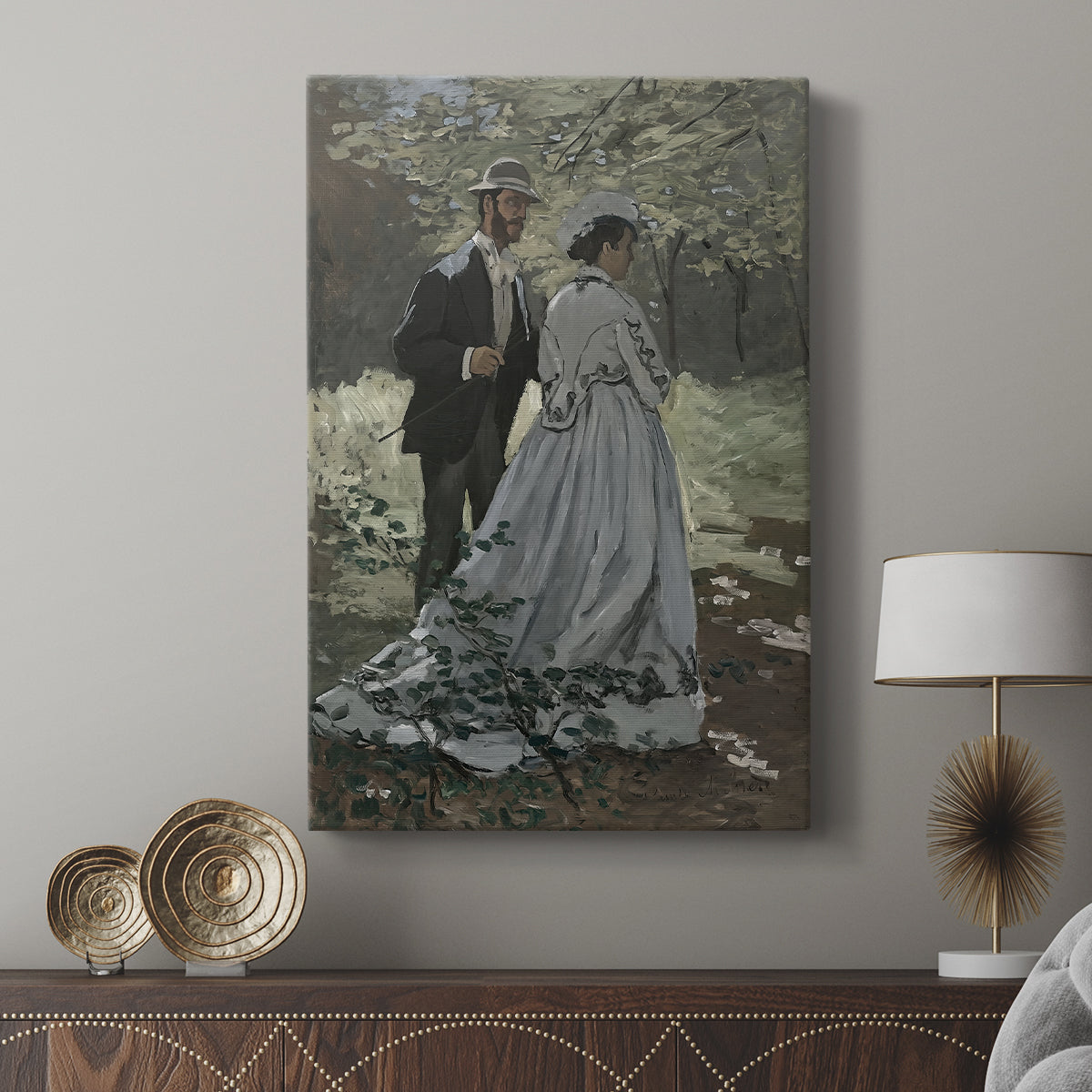 Canvas art print featuring a calm outdoor scene with figures in relaxed poses displayed in a modern interior space.