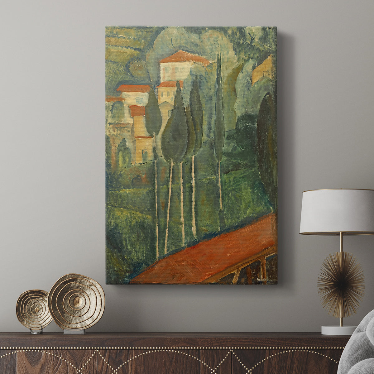 Canvas art print featuring a stylized countryside scene with bright colors and abstracted forms displayed in a modern interior space.