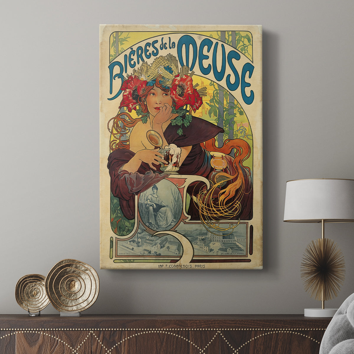 Canvas art print featuring a decorative poster with flowing lines and soft tones displayed in a modern interior space.