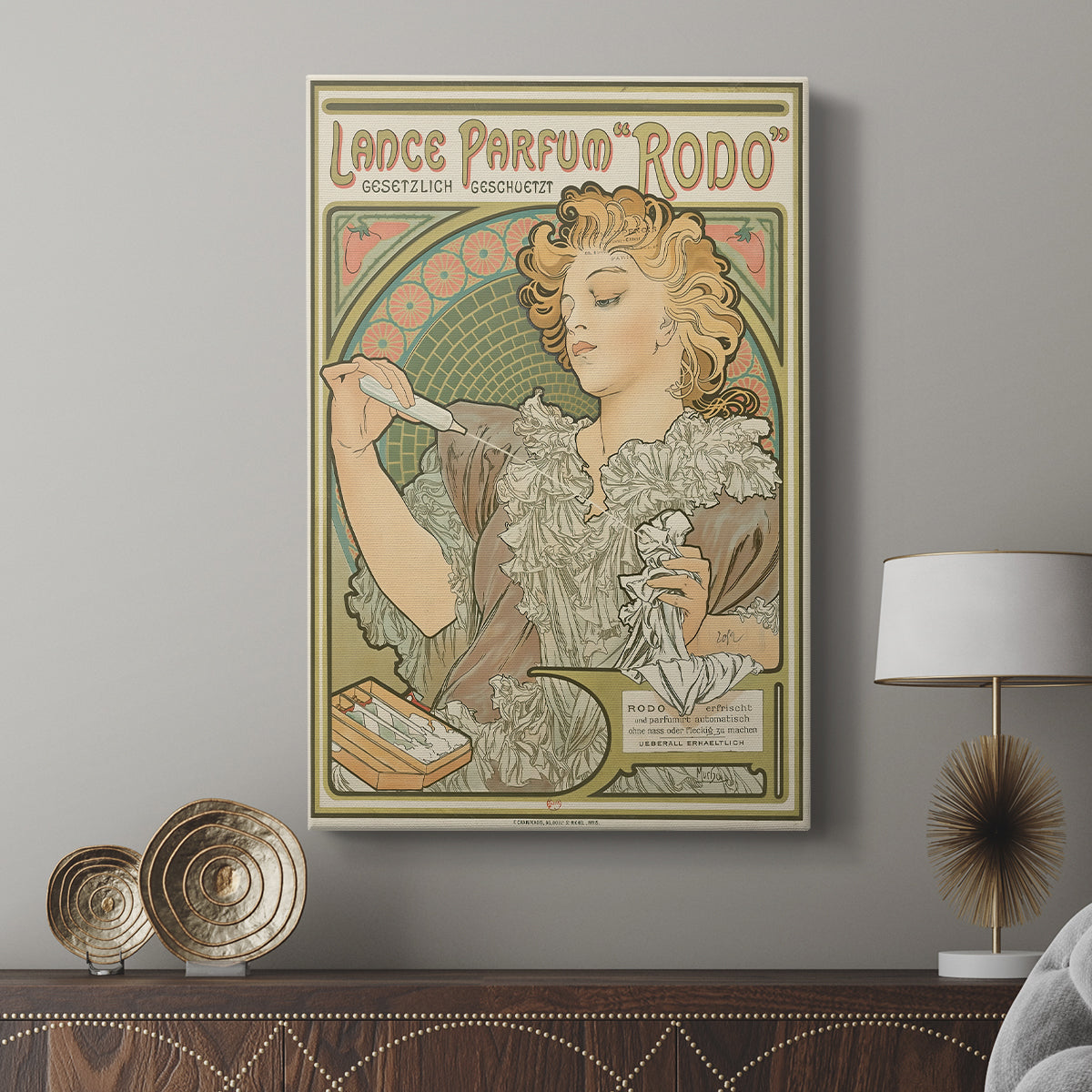 Canvas art print featuring a stylized poster with elegant female figure and flowing lines displayed in a modern interior space.