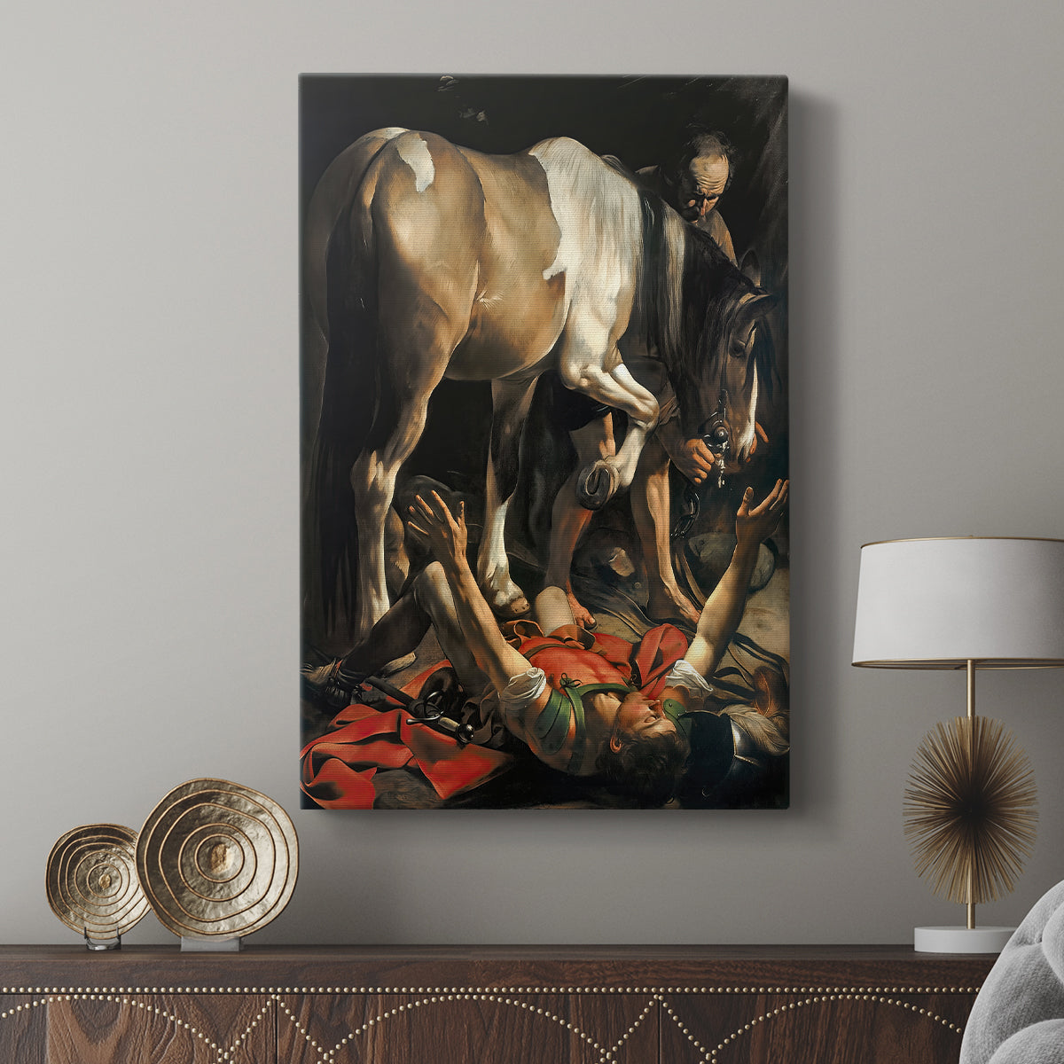 Canvas art print featuring a dramatic scene with a horse and figure illuminated in darkness displayed in a modern interior space.