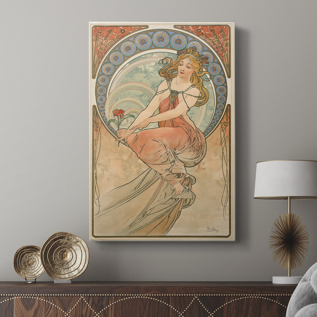 Canvas art print featuring a decorative portrait with soft tones and creative theme displayed in a modern interior space.
