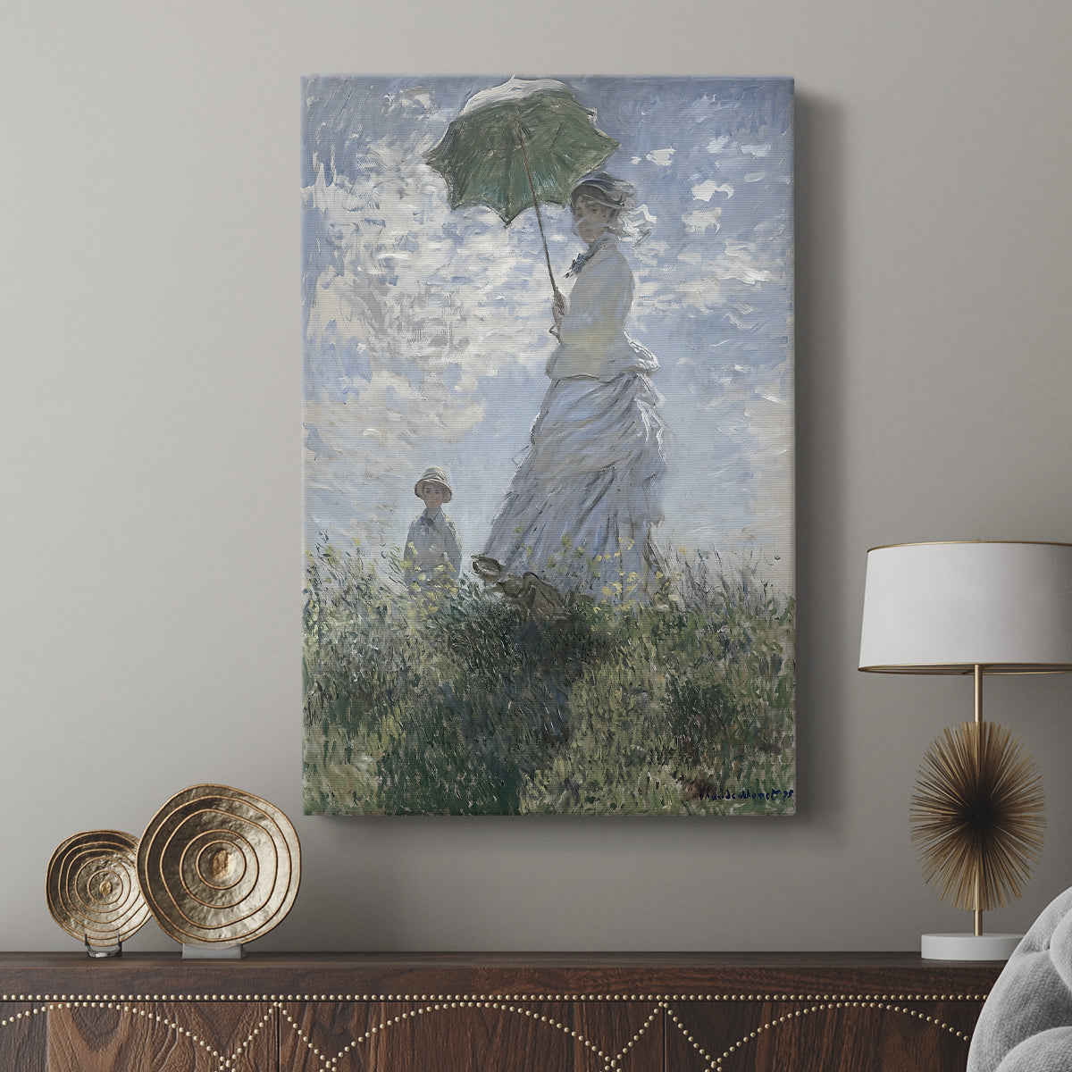 Canvas art print featuring a light-filled outdoor portrait with movement and airy tones displayed in a modern interior space.