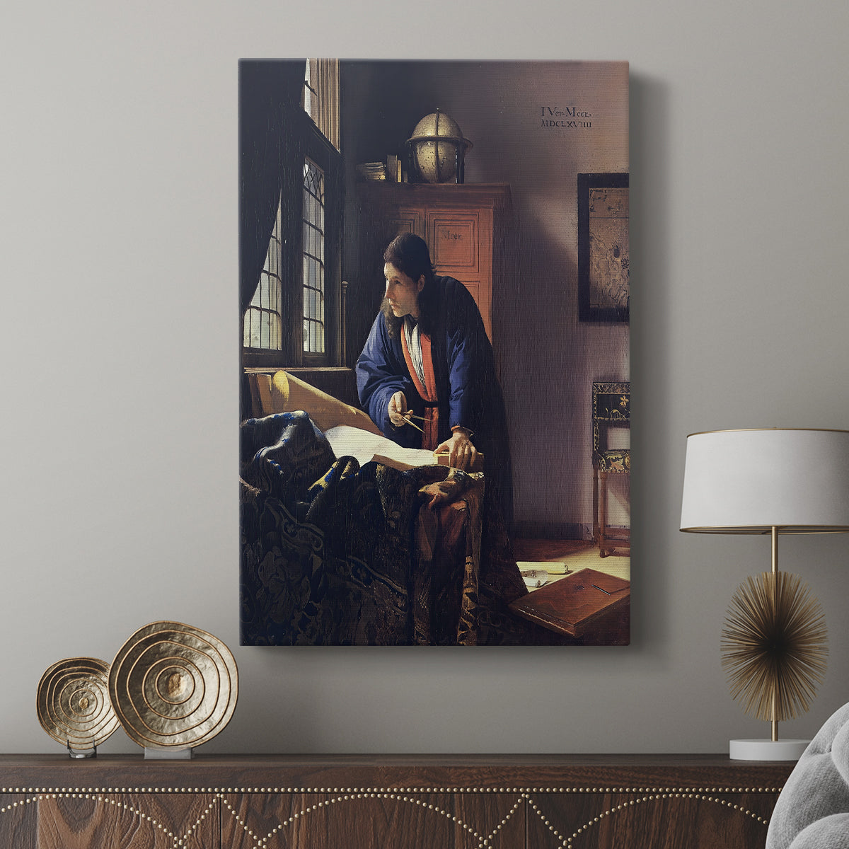 Canvas art print featuring a quiet room with focused activity and subtle detail displayed in a modern interior space.