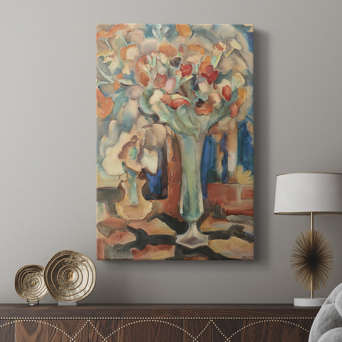 Canvas art print featuring a stylized arrangement with blossoms and subtle texture displayed in a modern interior space.