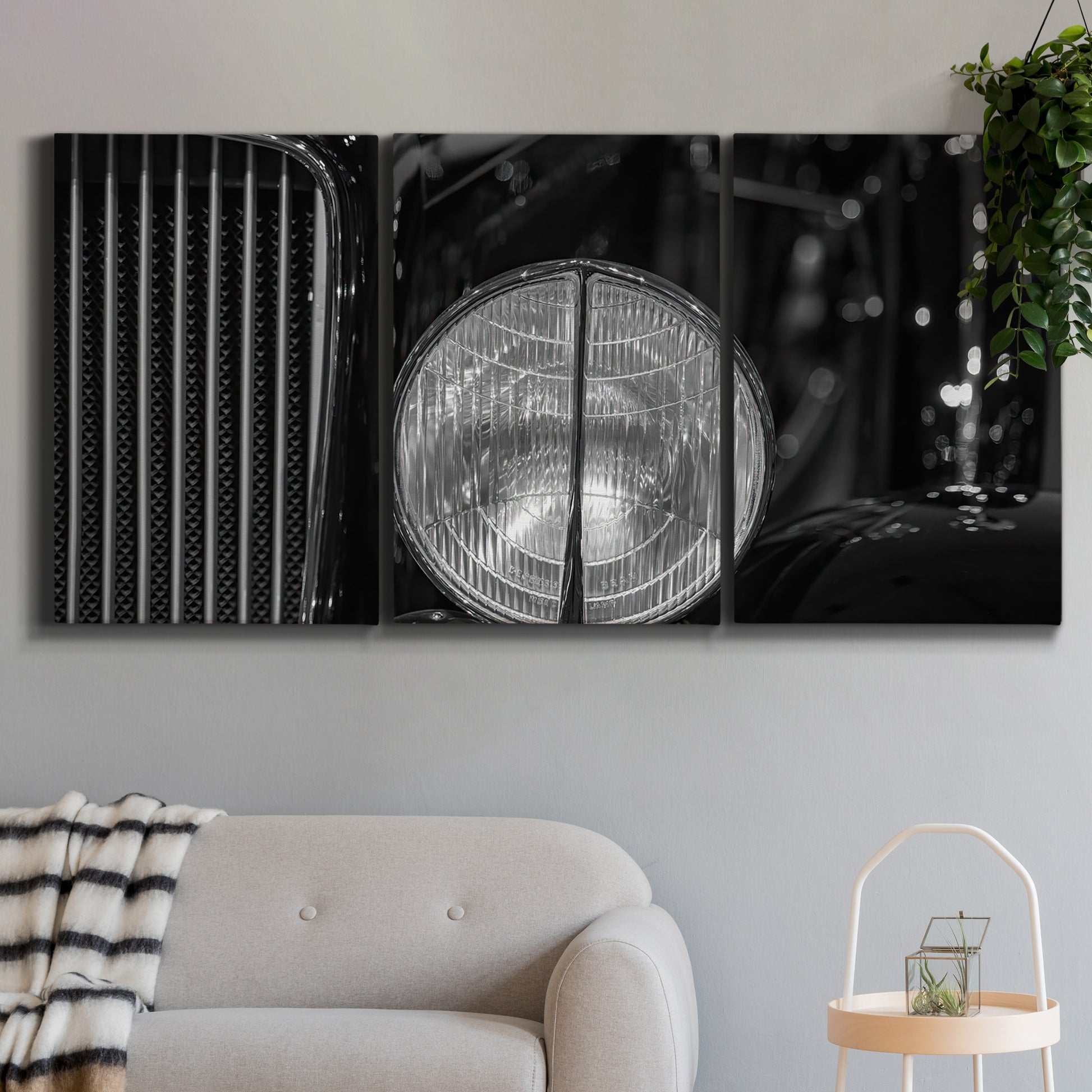 Three-panel canvas wall art featuring vintage car grille detail, displayed in a modern living room above a sofa.