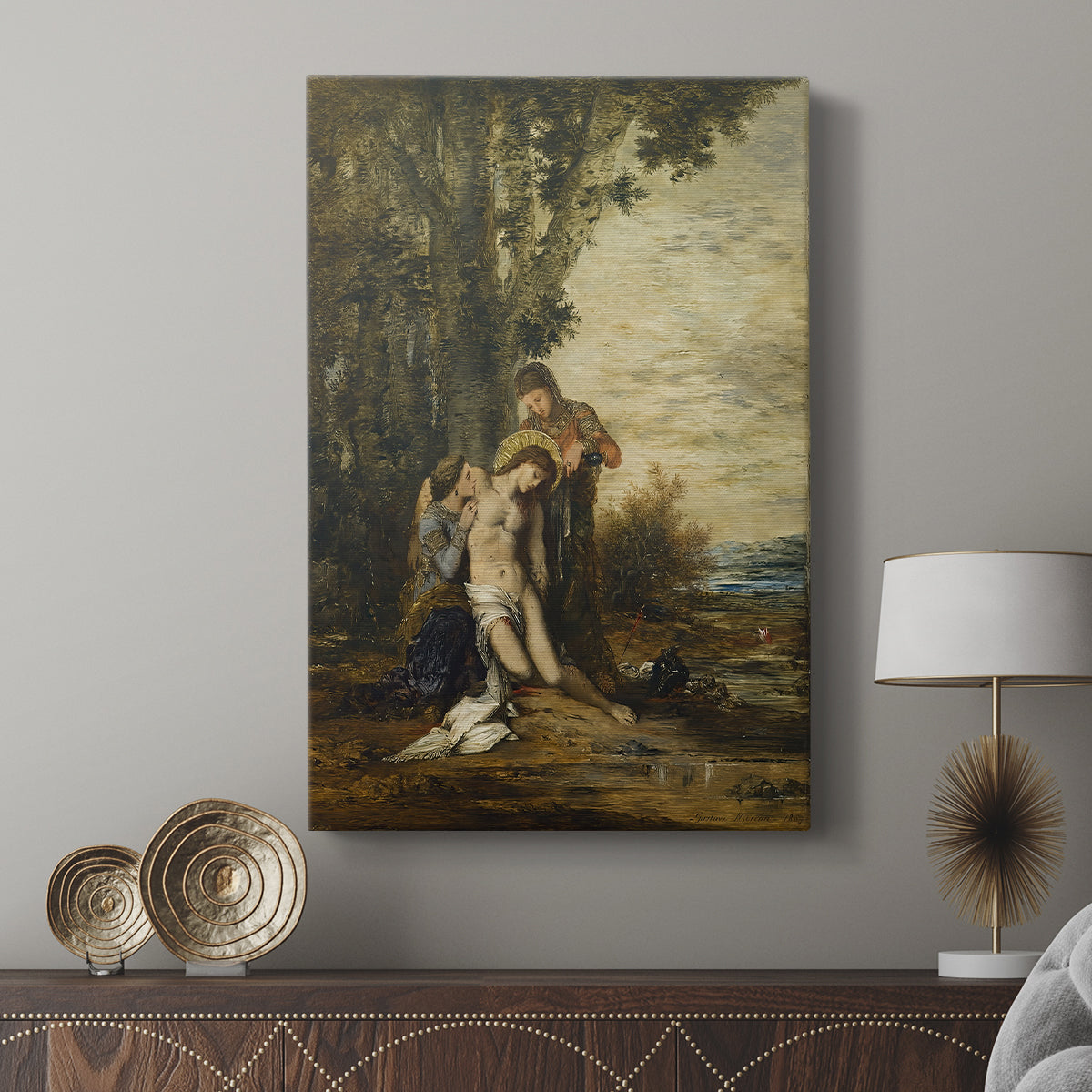 Canvas art print featuring a figure in a tense pose with soft illumination displayed in a modern interior space.