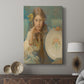 Canvas art print featuring a decorative portrait with soft tones and traditional patterns displayed in a modern interior space.