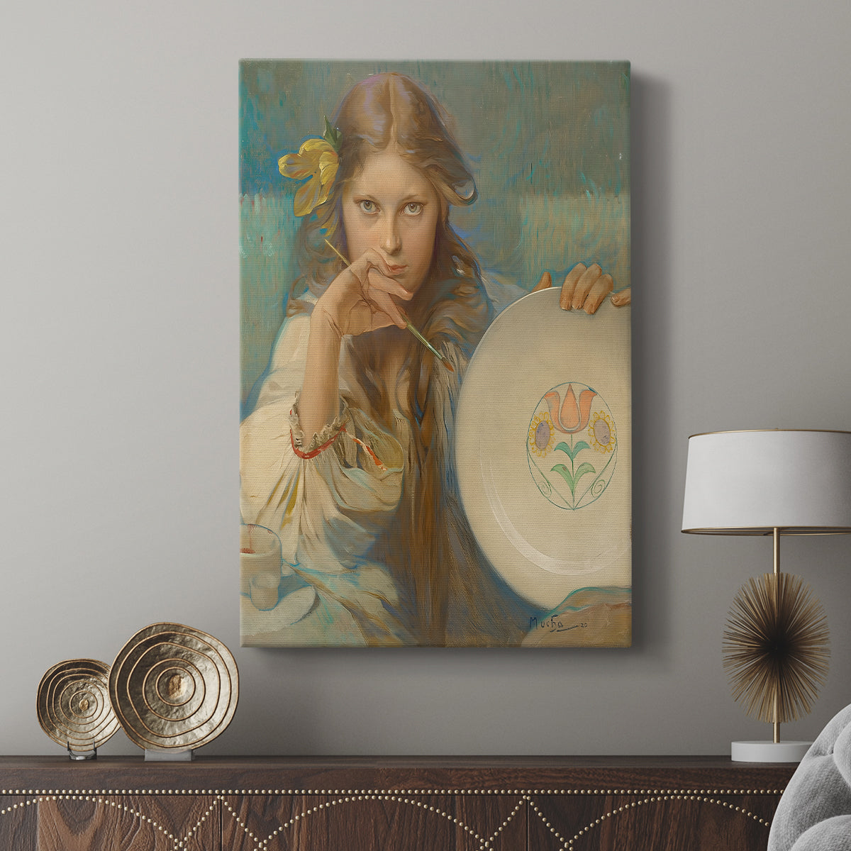 Canvas art print featuring a decorative portrait with soft tones and traditional patterns displayed in a modern interior space.