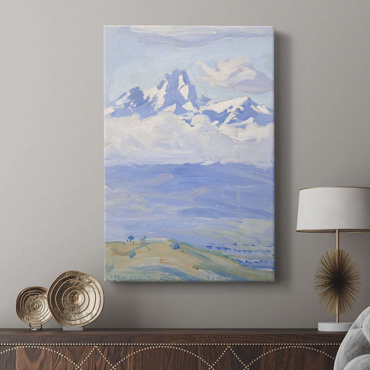 Canvas art print featuring a minimalist mountain scene with wide sky and distant horizon displayed in a modern interior space.