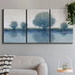 Three-panel canvas wall art featuring calm afternoon river reflection, displayed in a modern living room above a sofa.