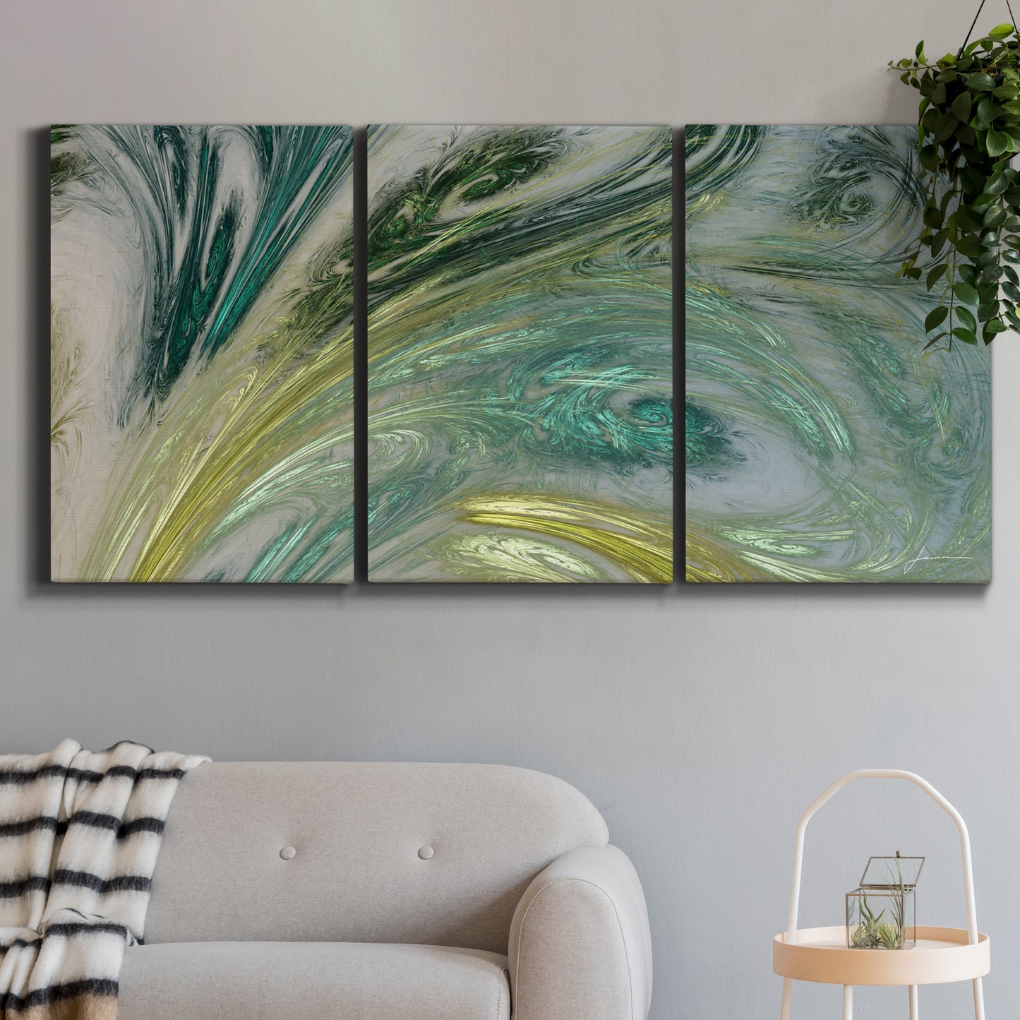 Three-panel canvas wall art featuring layered modern abstract landscape, displayed in a modern living room above a sofa.