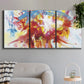 Three-panel canvas wall art featuring bright abstract summer palette, displayed in a modern living room above a sofa.