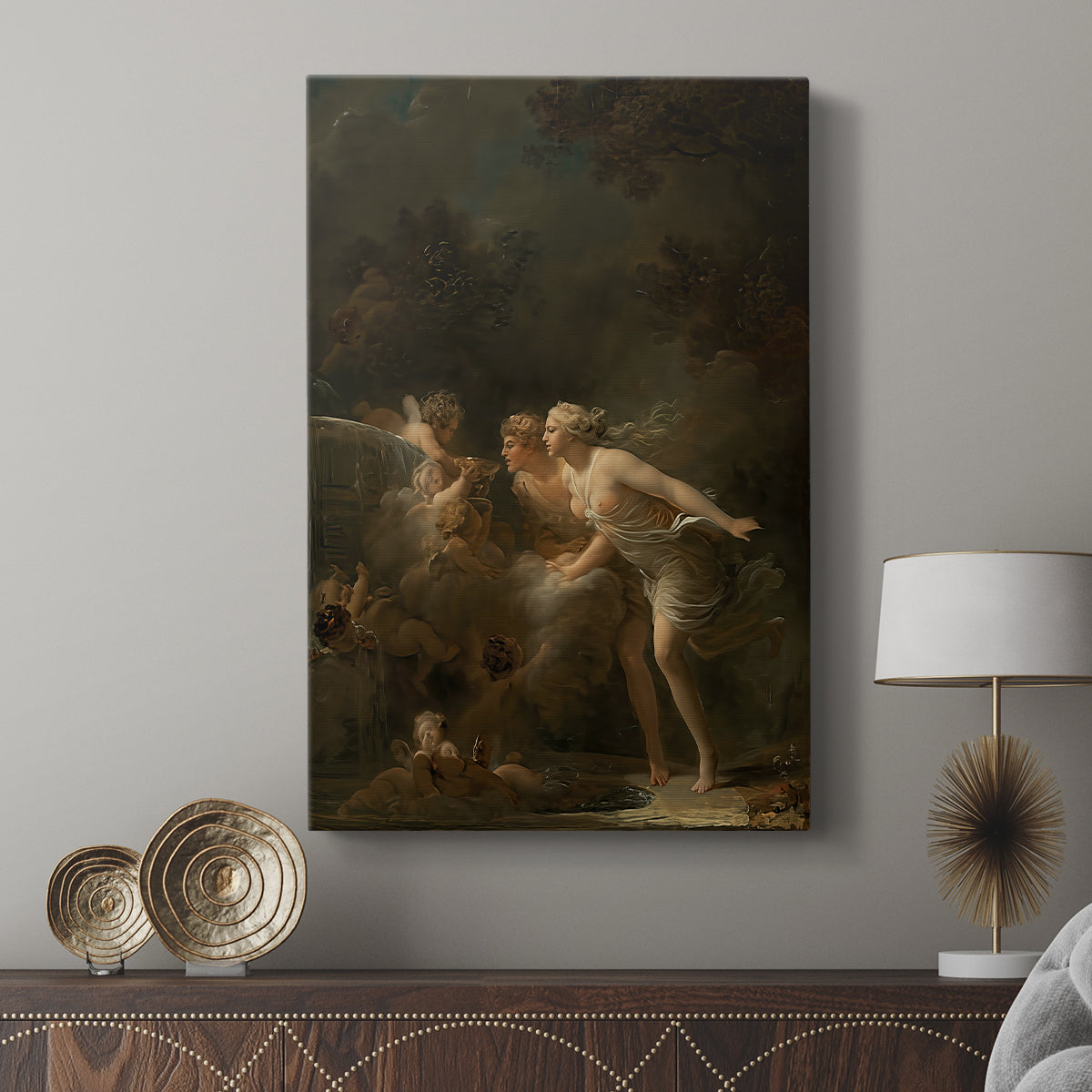 Canvas art print featuring a playful composition with figures in a lush landscape displayed in a modern interior space.