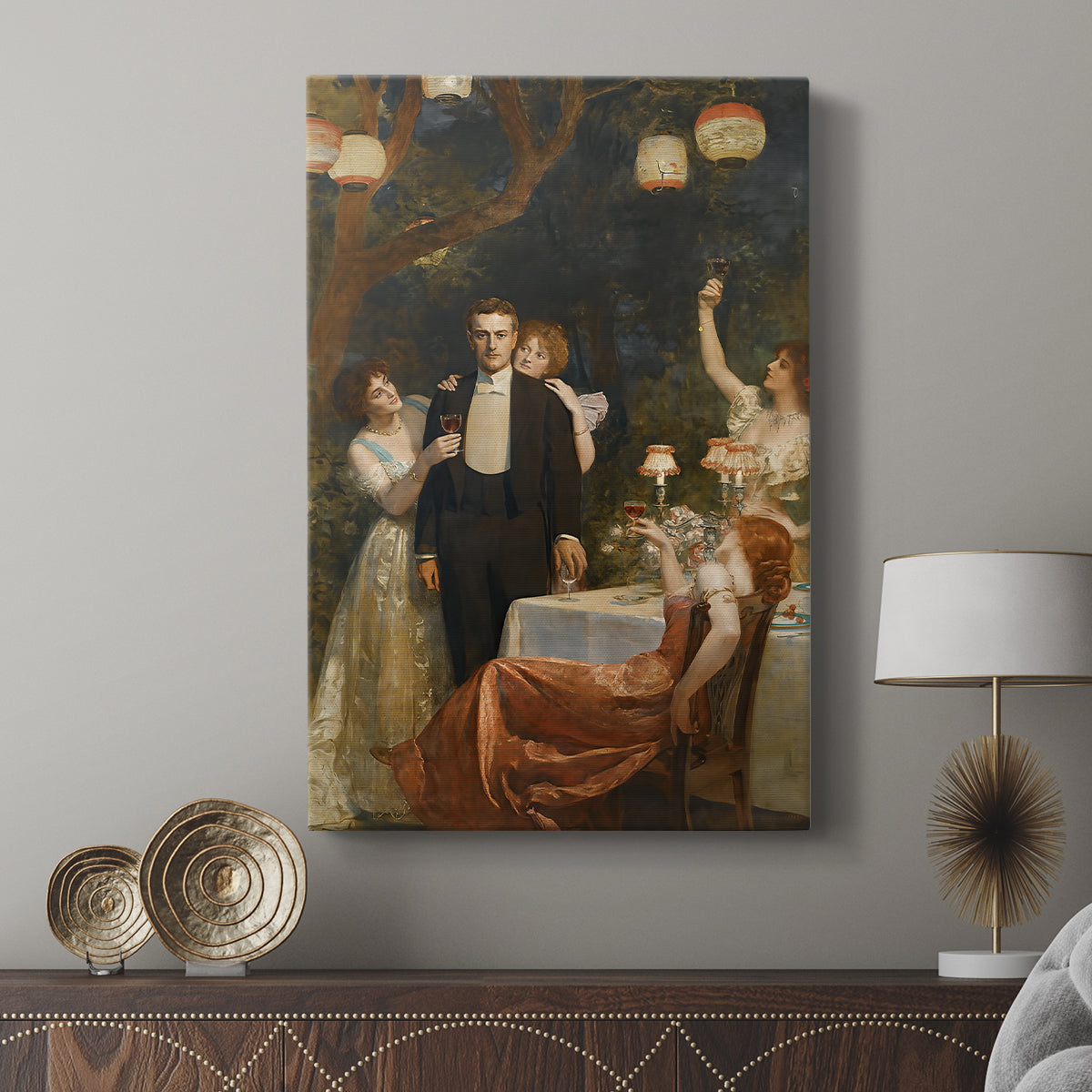 Canvas art print featuring a decorative scene with soft light and layered foliage displayed in a modern interior space.