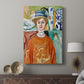 Canvas art print featuring a bright portrait with strong outlines and flat color displayed in a modern interior space.