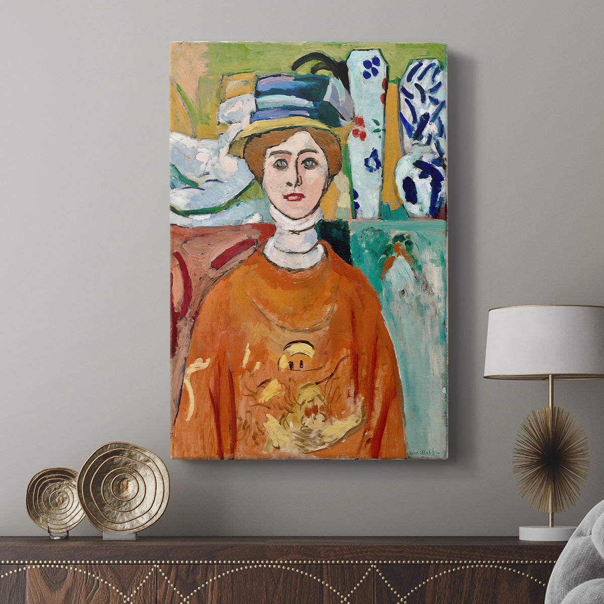 Canvas art print featuring a bright portrait with strong outlines and flat color displayed in a modern interior space.