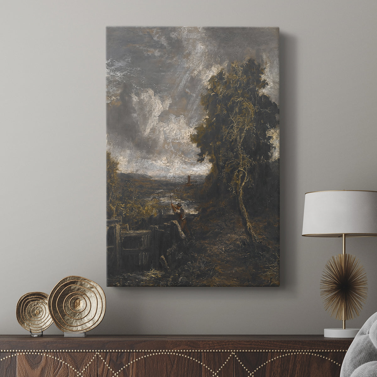 Canvas art print featuring a calm countryside view with subtle detail displayed in a modern interior space.