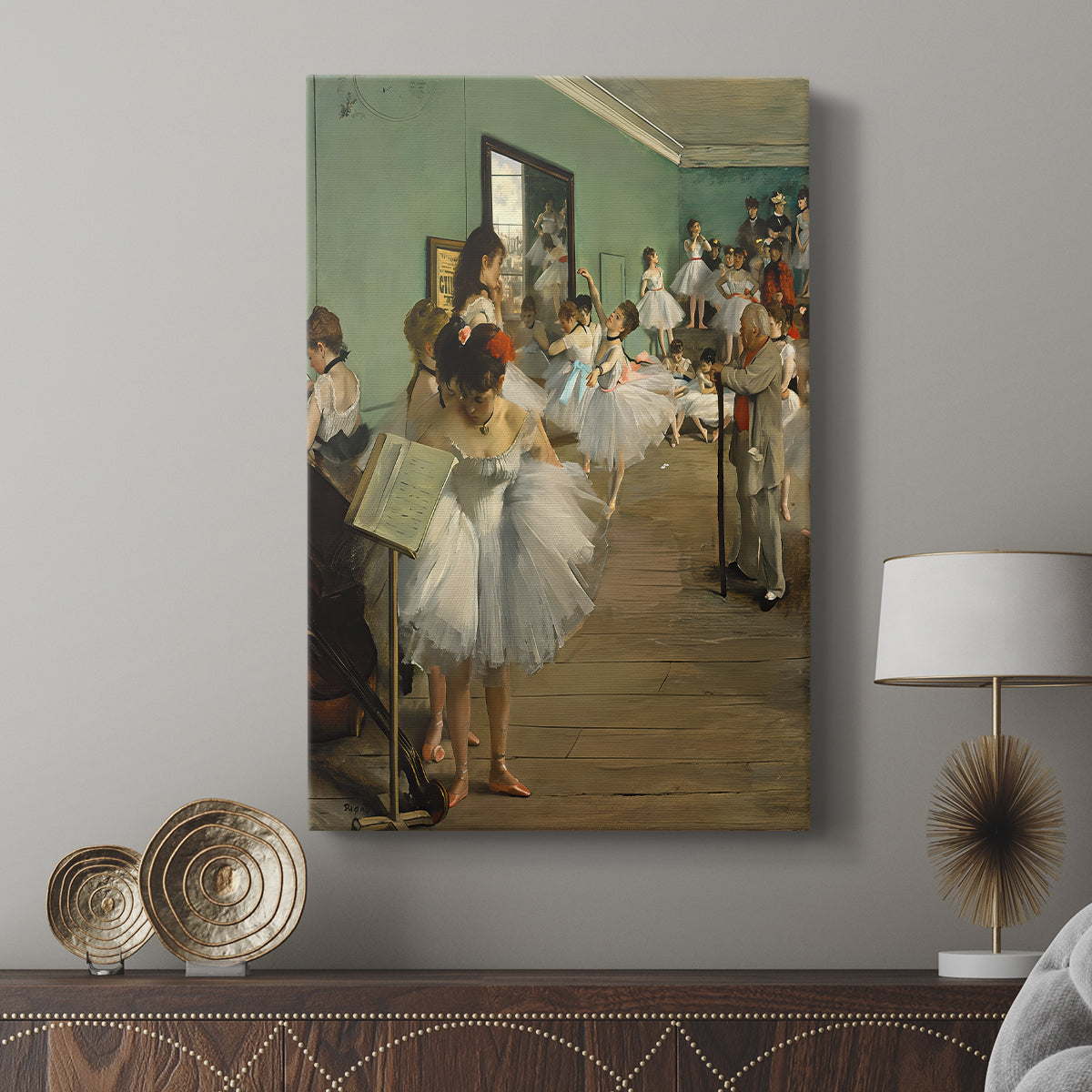 Canvas art print featuring a studio interior with figures in motion and relaxed poses displayed in a modern interior space.