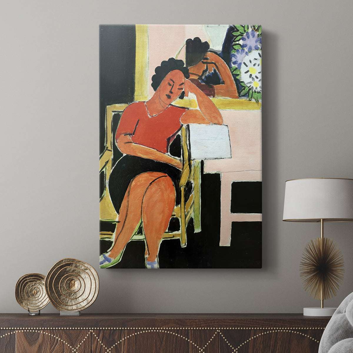 Canvas art print featuring a stylized interior with bright tones against deep black displayed in a modern interior space.