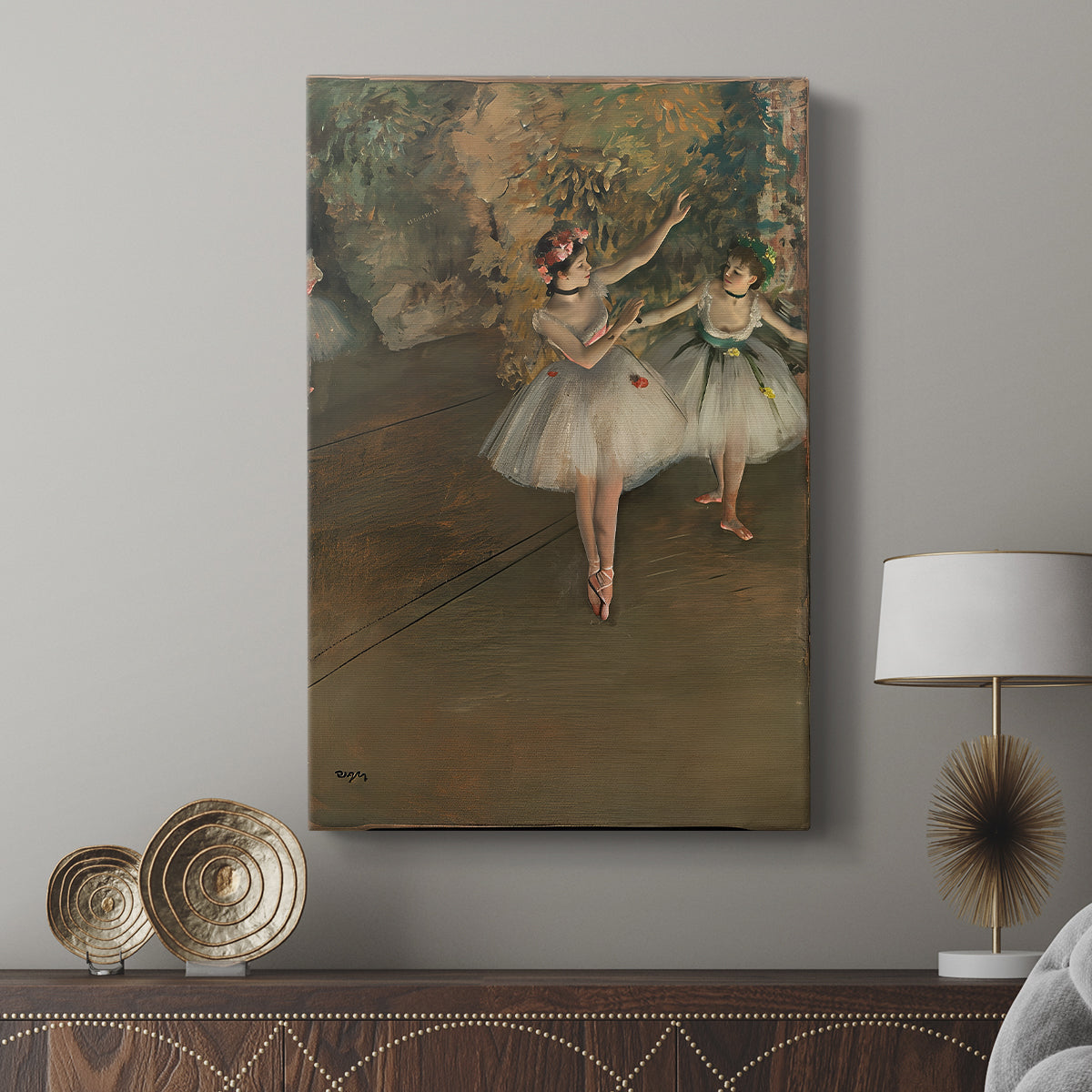 Canvas art print featuring a performance scene with flowing movement and soft tones displayed in a modern interior space.