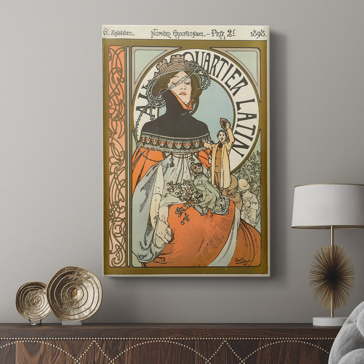 Canvas art print featuring a decorative poster with flowing lines and soft tones displayed in a modern interior space.
