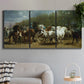 Three-panel canvas wall art featuring crowded horse fair scene, displayed in a modern living room above a sofa.