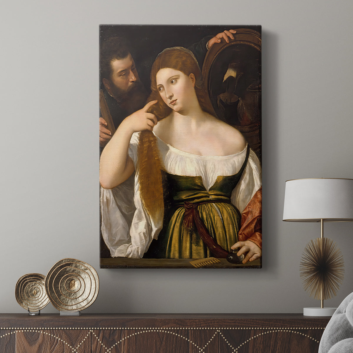 Canvas art print featuring a composed portrait with subtle contrast and detail displayed in a modern interior space.