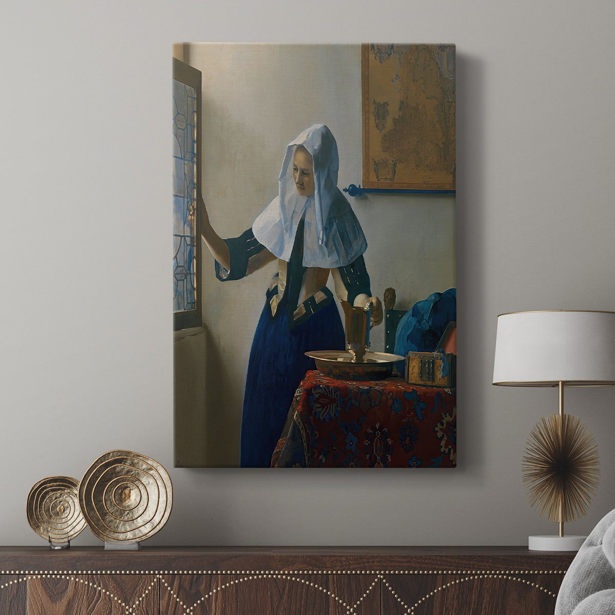 Canvas art print featuring a refined figure with gentle gesture and subtle detail displayed in a modern interior space.