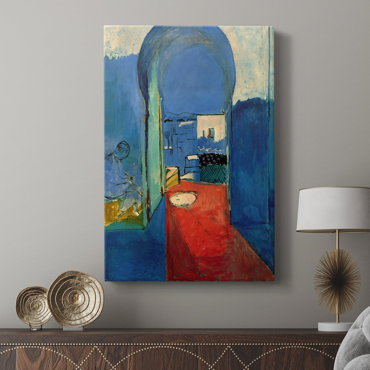 Canvas art print featuring a decorative composition with structure and flat color displayed in a modern interior space.