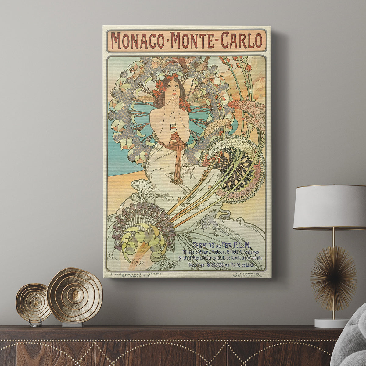 Canvas art print featuring a stylized advertisement with a female figure and coastal theme displayed in a modern interior space.